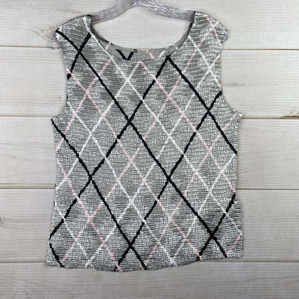 Vtg CASUAL CORNER Top XL Gray Diamond Stripe Stretch Crinkle Tank Sleeveless
